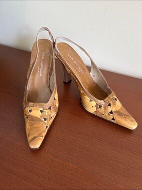 Via Spiga Mustard Tan Cutout Slingback Heels